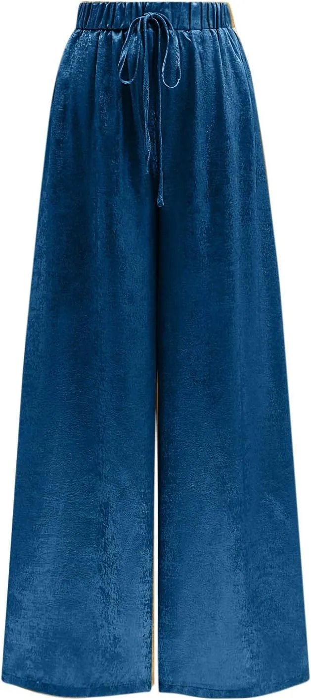Womens Casual Velvet Palazzo Pants Summer Trendy Wide Leg Pants Elastic High Waist Drawstring Trousers with Pockets