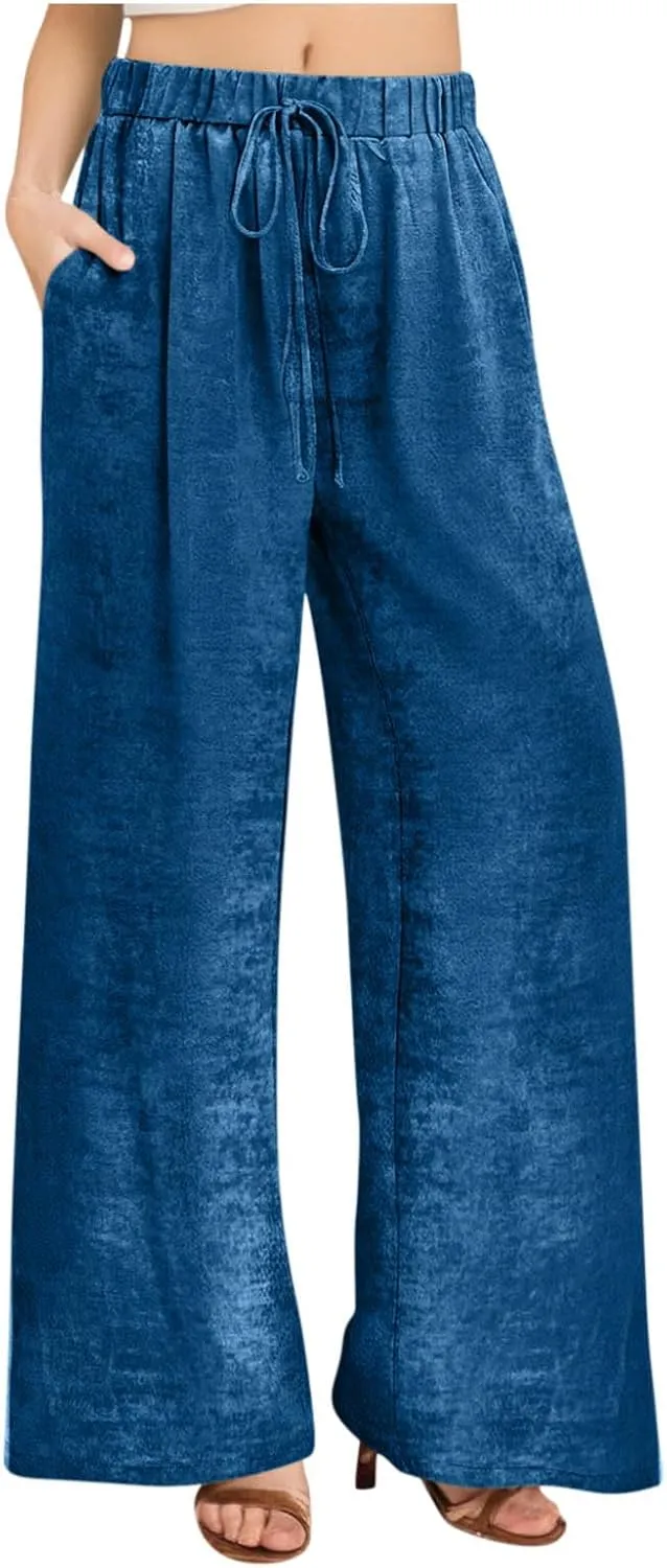 Womens Casual Velvet Palazzo Pants Summer Trendy Wide Leg Pants Elastic High Waist Drawstring Trousers with Pockets