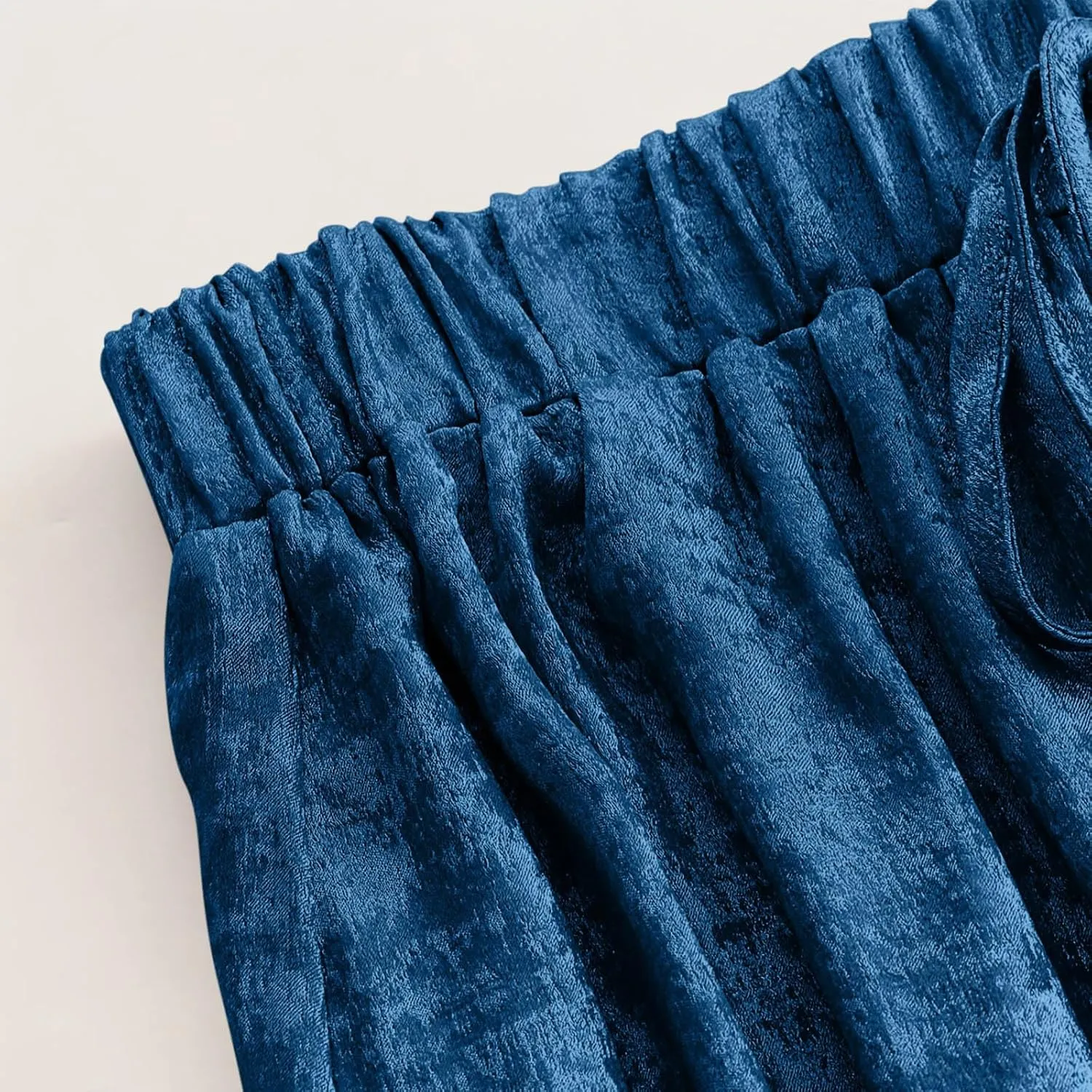 Womens Casual Velvet Palazzo Pants Summer Trendy Wide Leg Pants Elastic High Waist Drawstring Trousers with Pockets