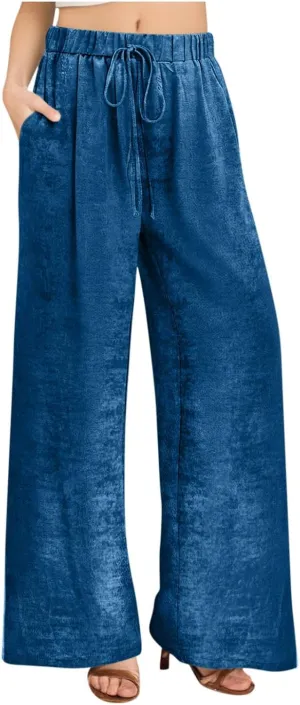 Womens Casual Velvet Palazzo Pants Summer Trendy Wide Leg Pants Elastic High Waist Drawstring Trousers with Pockets