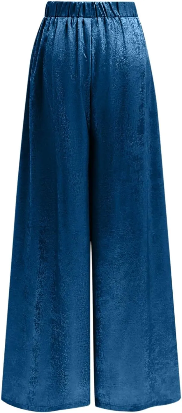 Womens Casual Velvet Palazzo Pants Summer Trendy Wide Leg Pants Elastic High Waist Drawstring Trousers with Pockets