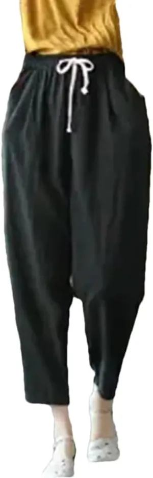 Women's Cotton and Linen Pocket Loose Harem Pants Solid Color Elastic Waist Casual Pants