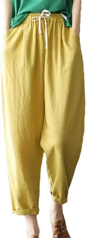 Women's Cotton and Linen Pocket Loose Harem Pants Solid Color Elastic Waist Casual Pants