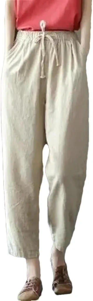 Women's Cotton and Linen Pocket Loose Harem Pants Solid Color Elastic Waist Casual Pants