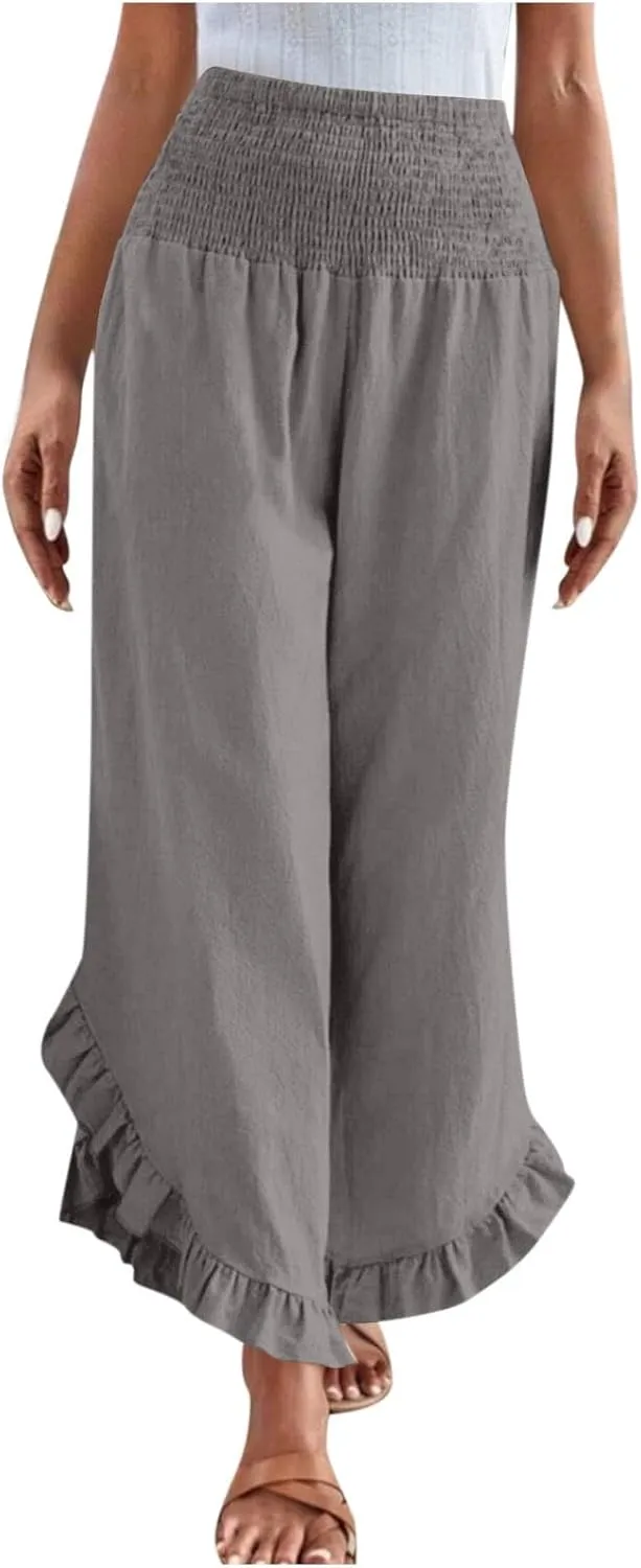 Women's Cotton Linen Pant Summer Wide Leg Trousers Casual Elastic Drawstring High Waist Palazzo Pants Pockets S-XXL