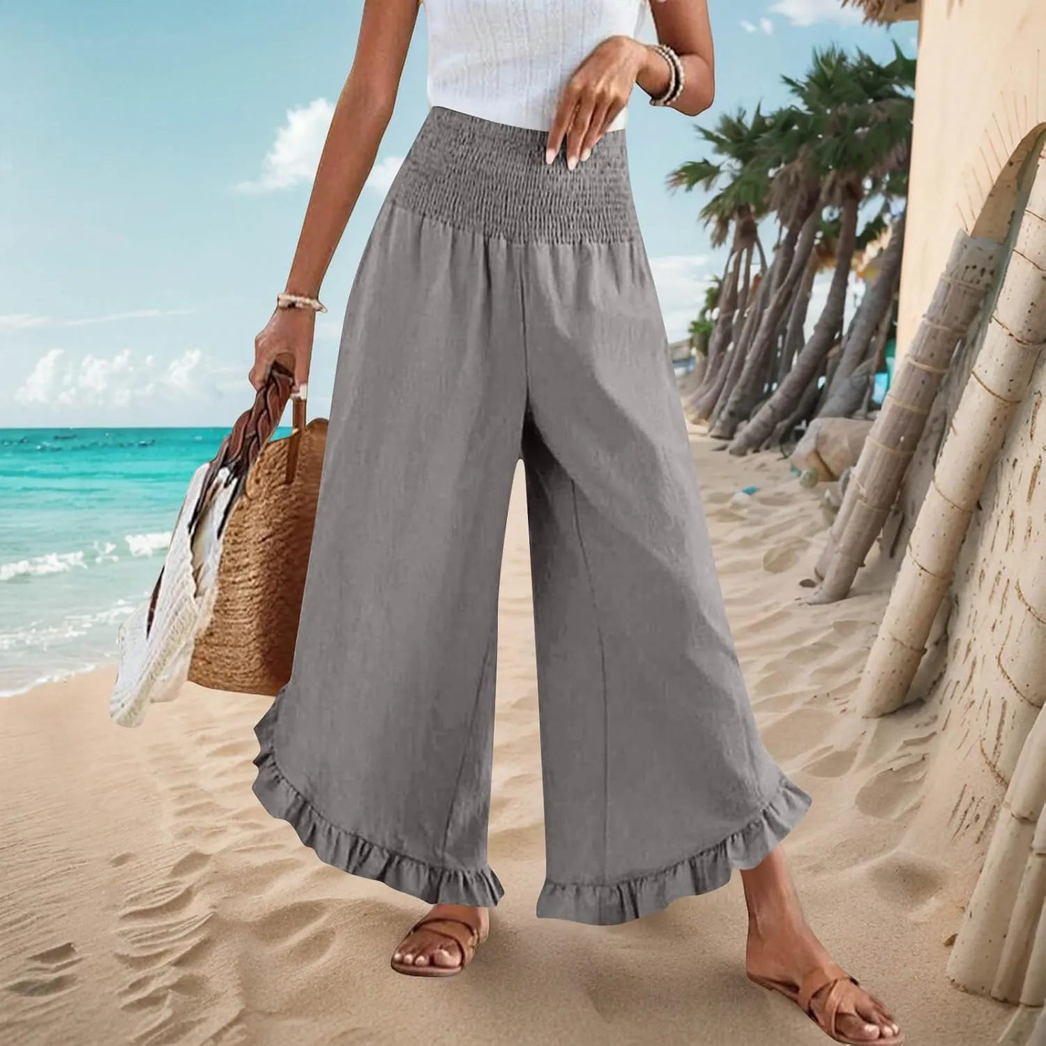Women's Cotton Linen Pant Summer Wide Leg Trousers Casual Elastic Drawstring High Waist Palazzo Pants Pockets S-XXL