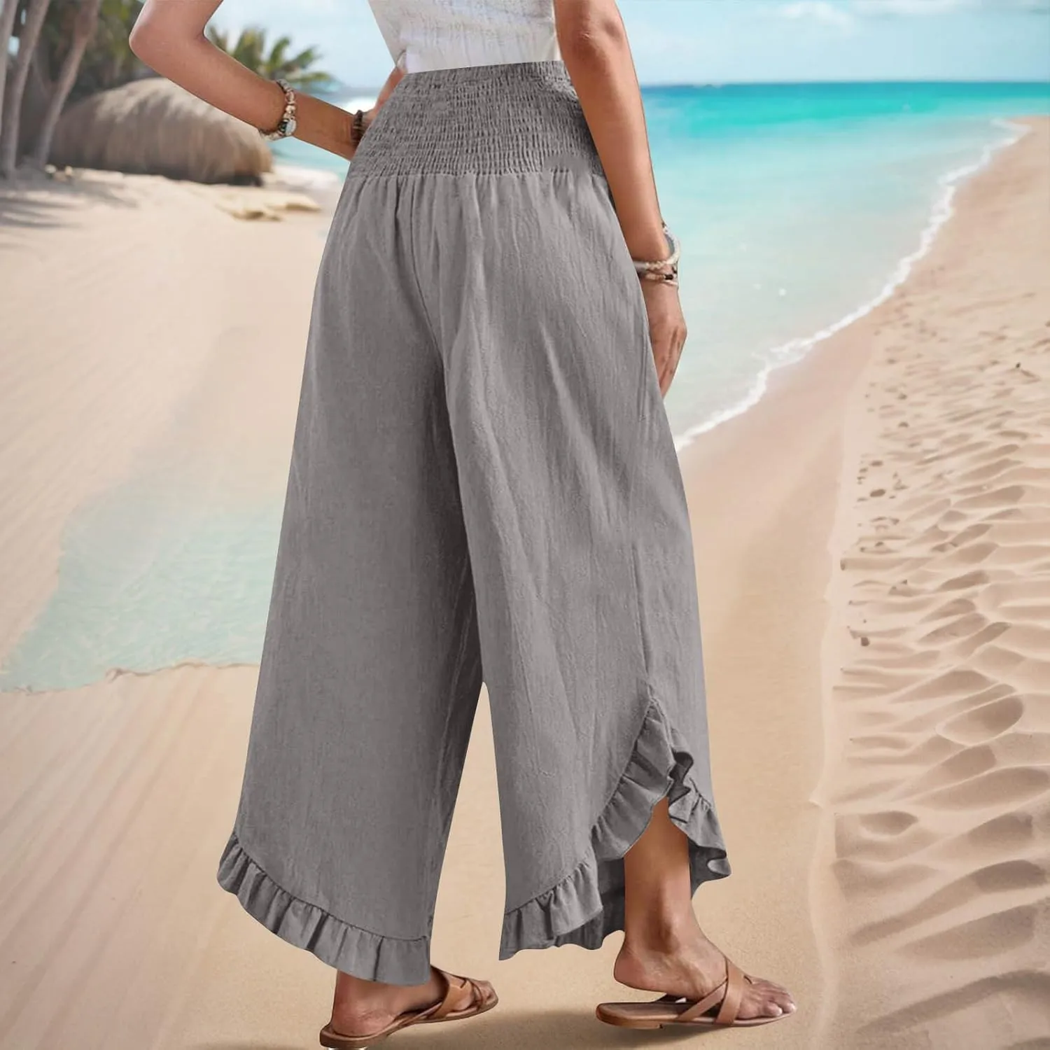 Women's Cotton Linen Pant Summer Wide Leg Trousers Casual Elastic Drawstring High Waist Palazzo Pants Pockets S-XXL