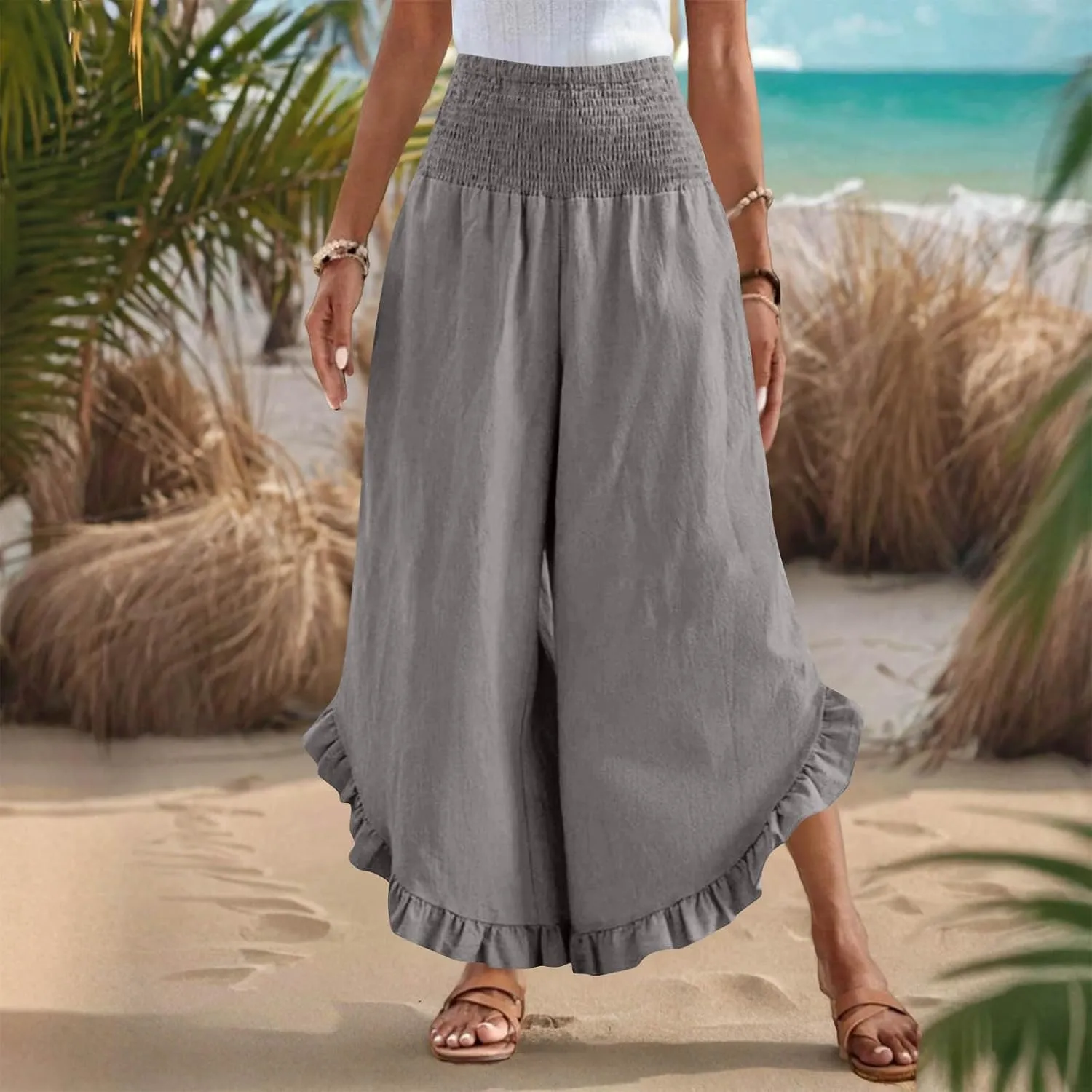 Women's Cotton Linen Pant Summer Wide Leg Trousers Casual Elastic Drawstring High Waist Palazzo Pants Pockets S-XXL