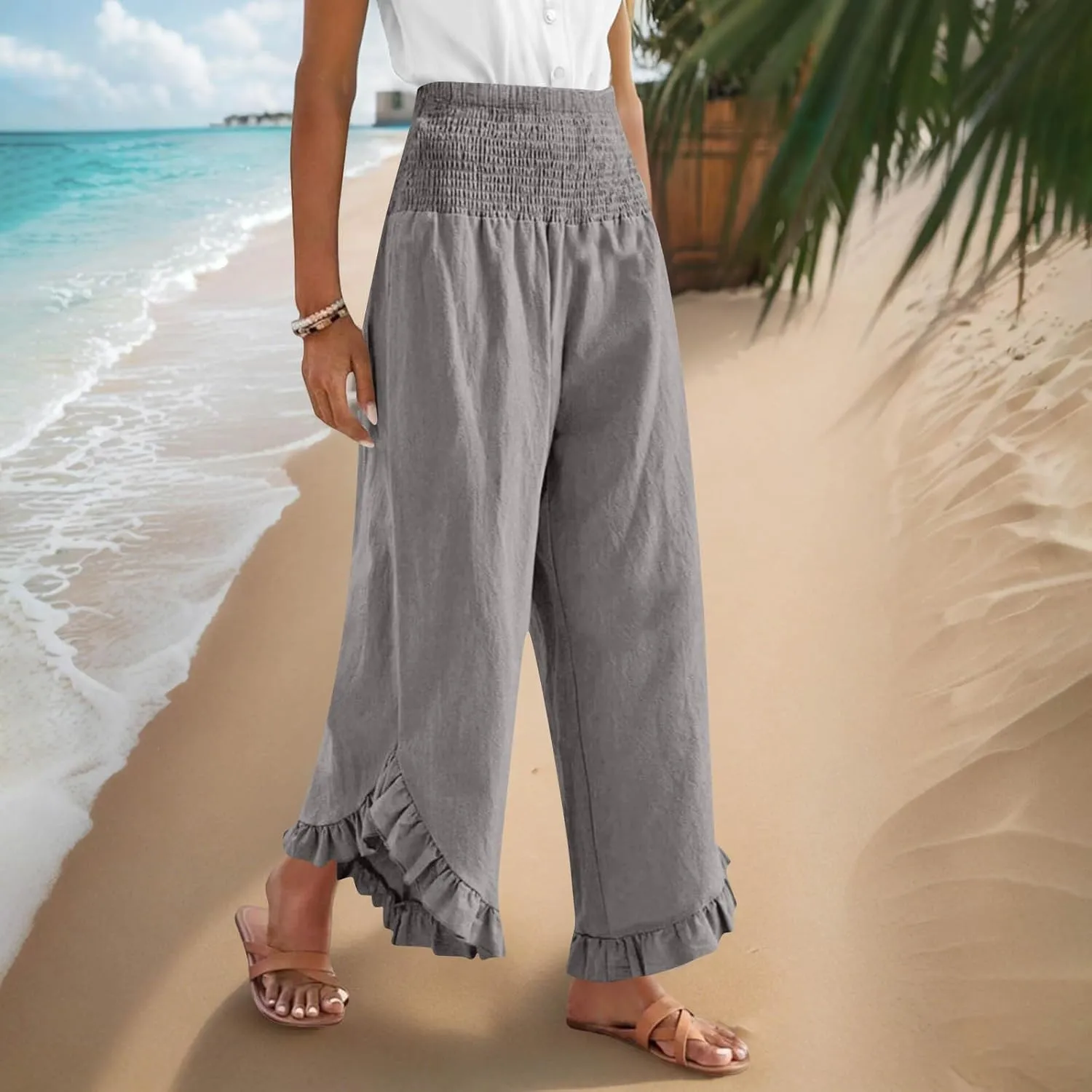 Women's Cotton Linen Pant Summer Wide Leg Trousers Casual Elastic Drawstring High Waist Palazzo Pants Pockets S-XXL
