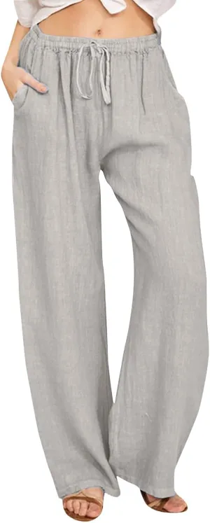 Women's Cotton Linen Pants Elastic Waist Trousers Casual Lightweight Pant Drawstring Wide Leg Pant Summer Beach Pant