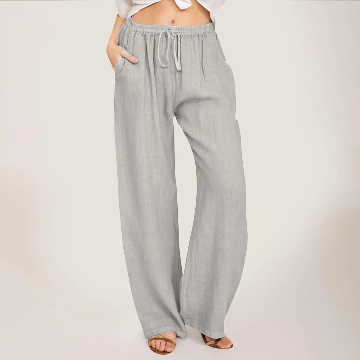 Women's Cotton Linen Pants Elastic Waist Trousers Casual Lightweight Pant Drawstring Wide Leg Pant Summer Beach Pant