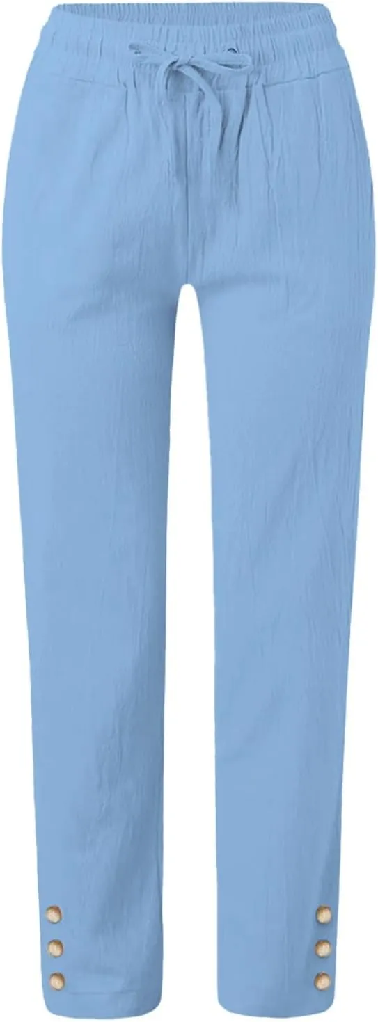 Women's Cotton Linen Pants Summer Relax Fit Straight Leg Elastic Waist Pants with Pocket Beach Fashion Trousers