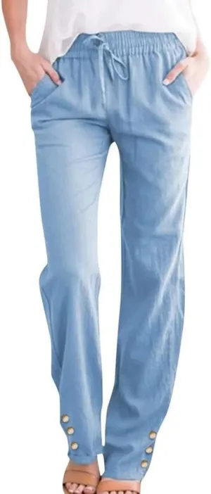 Women's Cotton Linen Pants Summer Relax Fit Straight Leg Elastic Waist Pants with Pocket Beach Fashion Trousers