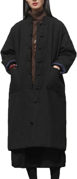 Women's Cotton Padded Coats Long Quilted Chinese Style Button Down Winter Jackets (8122 Black, One Size)
