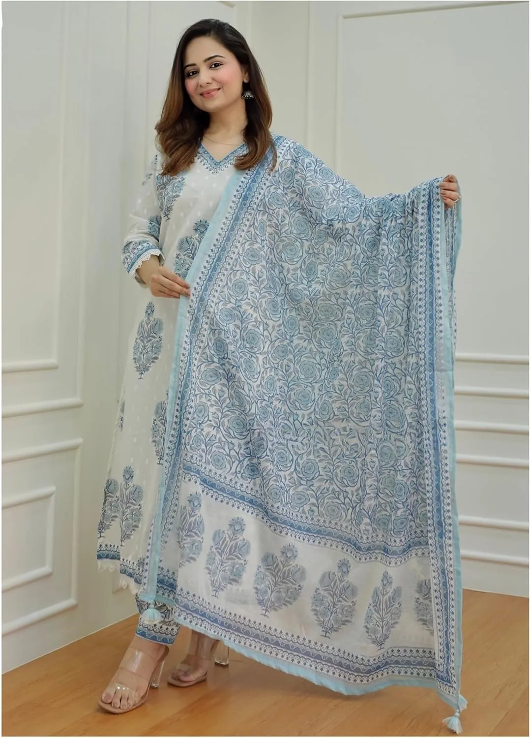 Women's Cotton Printed Floral Straight Kurta with Palazzo Pants and Dupatta