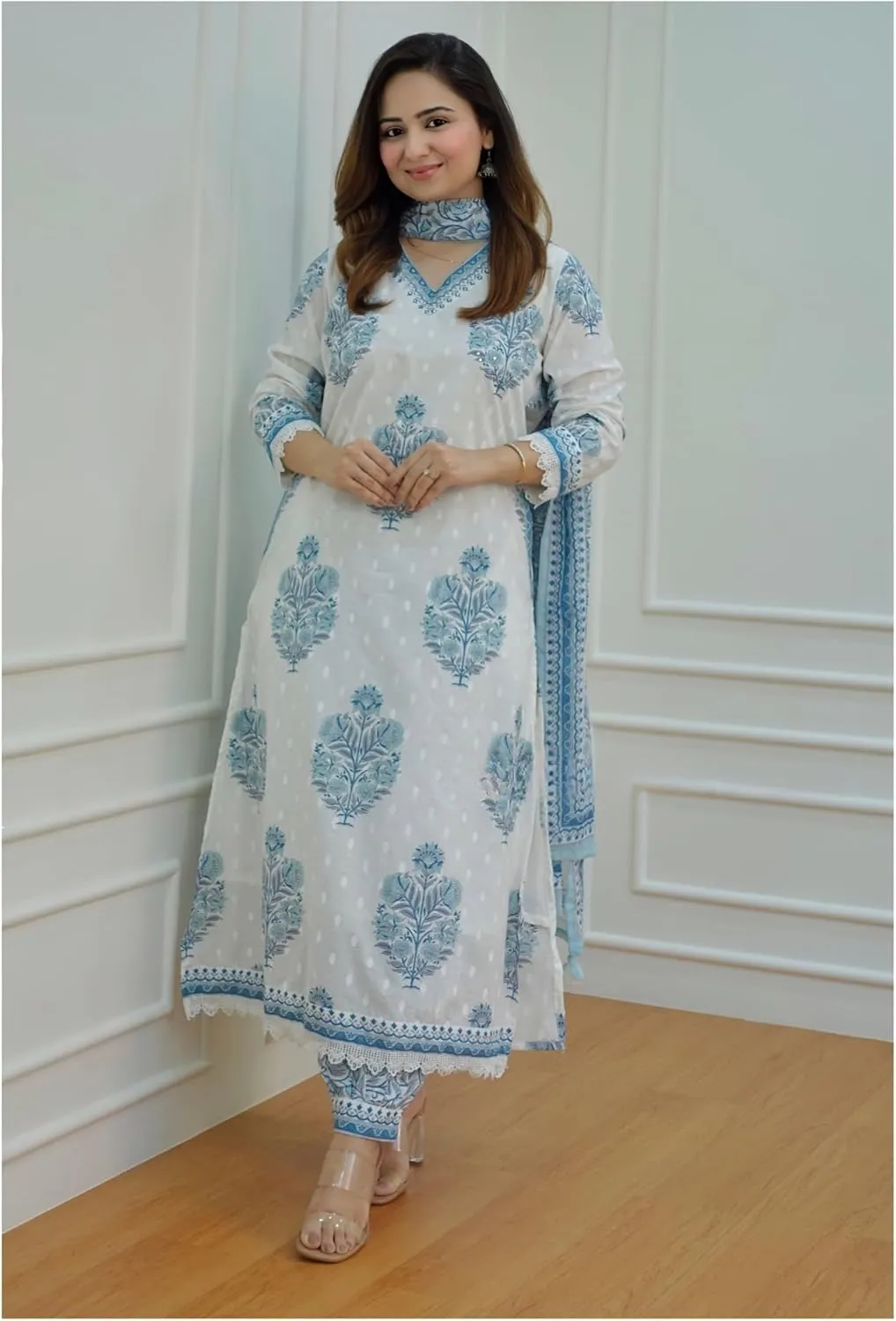 Women's Cotton Printed Floral Straight Kurta with Palazzo Pants and Dupatta