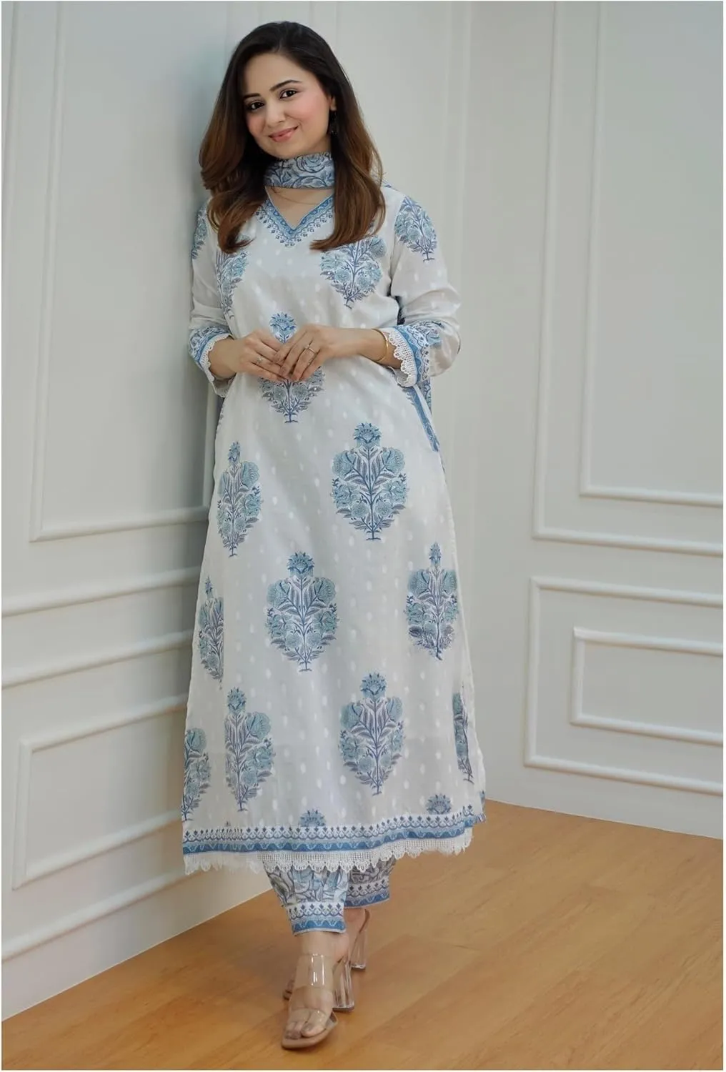 Women's Cotton Printed Floral Straight Kurta with Palazzo Pants and Dupatta