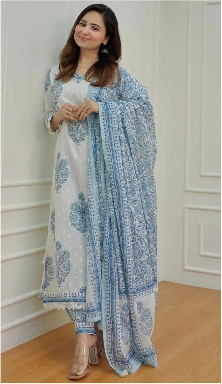 Women's Cotton Printed Floral Straight Kurta with Palazzo Pants and Dupatta
