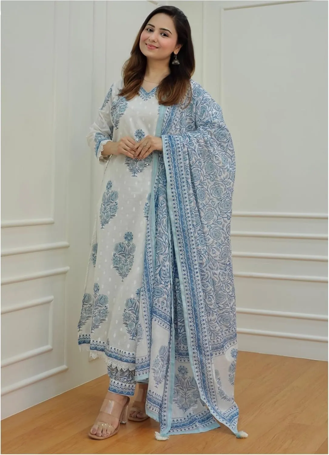Women's Cotton Printed Floral Straight Kurta with Palazzo Pants and Dupatta