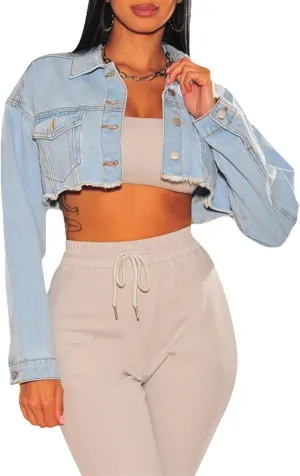 Women's Crop Top Jean Jacket Button Down Long Sleeve Cropped Denim Jacket Coat