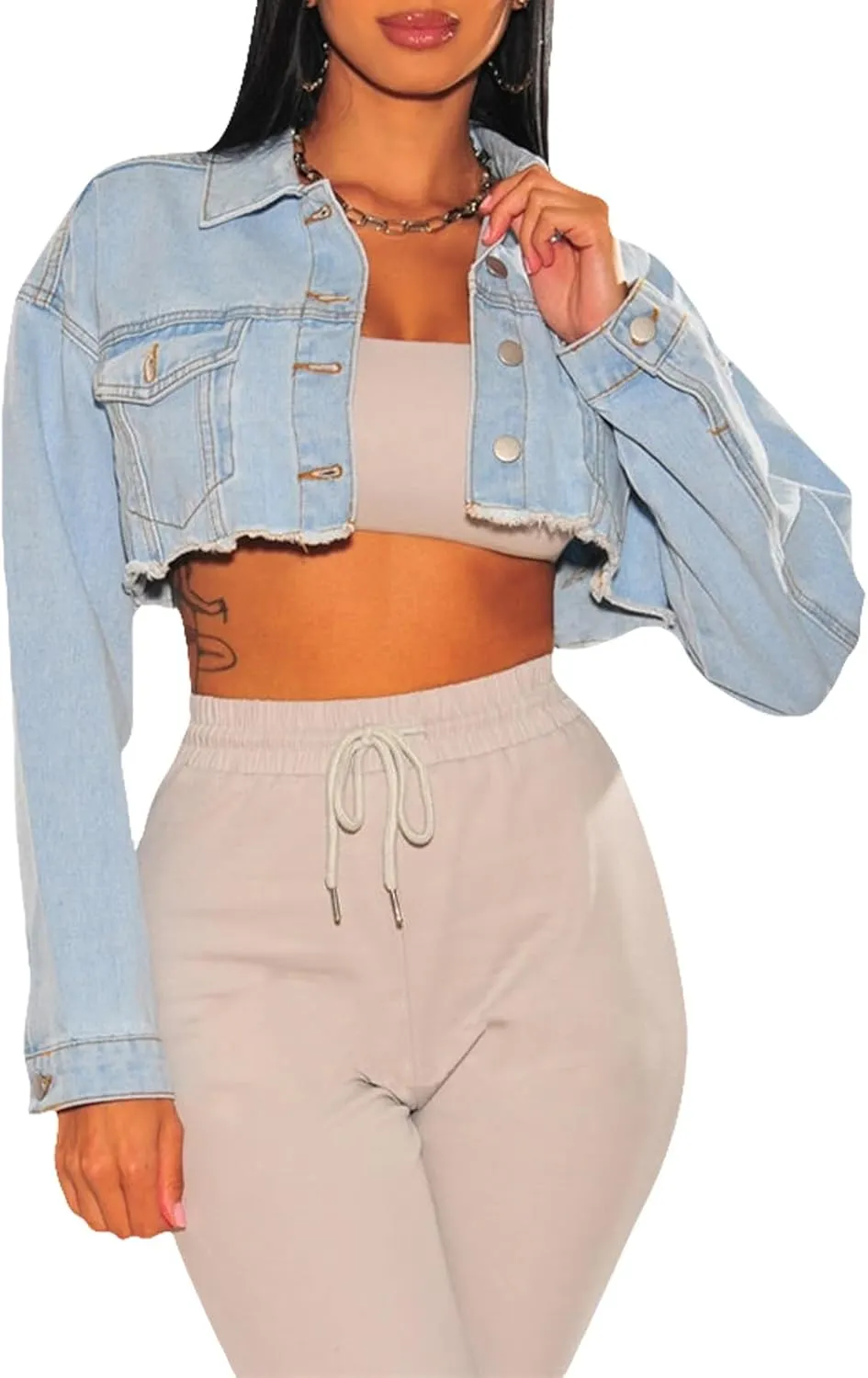 Women's Crop Top Jean Jacket Button Down Long Sleeve Cropped Denim Jacket Coat