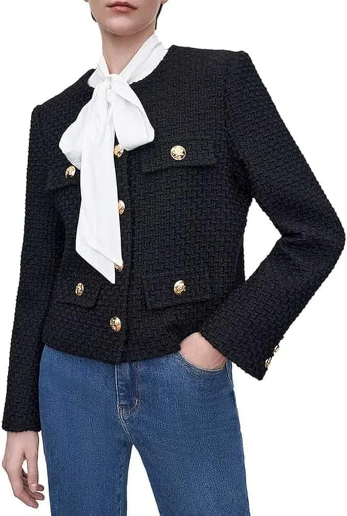 Womens Cropped Tweed Blazer Jackets 2025 Fall Winter Casual Business Work Suits Long Sleeve Coat Outfits