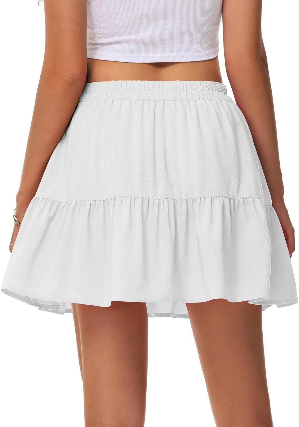 Womens Elastic High Waist Tiered Mini Skirt with Shorts Underneath Cute Boho Pleated Ruffle Skirt with Pockets