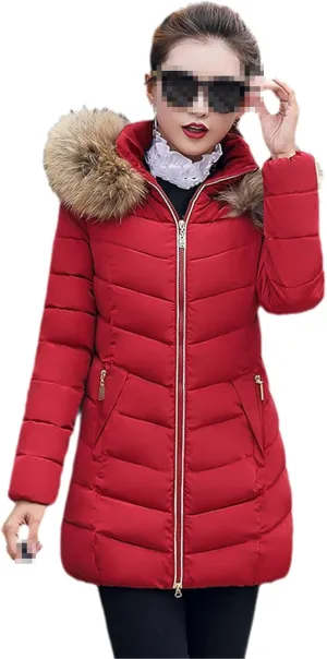 Women's Fashion Down Jacket Winter Long Zipper Slim Coats Fur Collar Hooded Parka