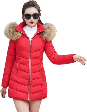 Women's Fashion Down Jacket Winter Long Zipper Slim Coats Fur Collar Hooded Parka