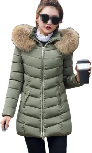 Women's Fashion Down Jacket Winter Long Zipper Slim Coats Fur Collar Hooded Parka