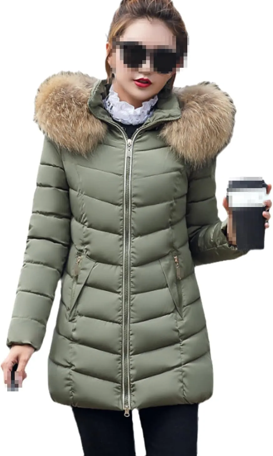 Women's Fashion Down Jacket Winter Long Zipper Slim Coats Fur Collar Hooded Parka