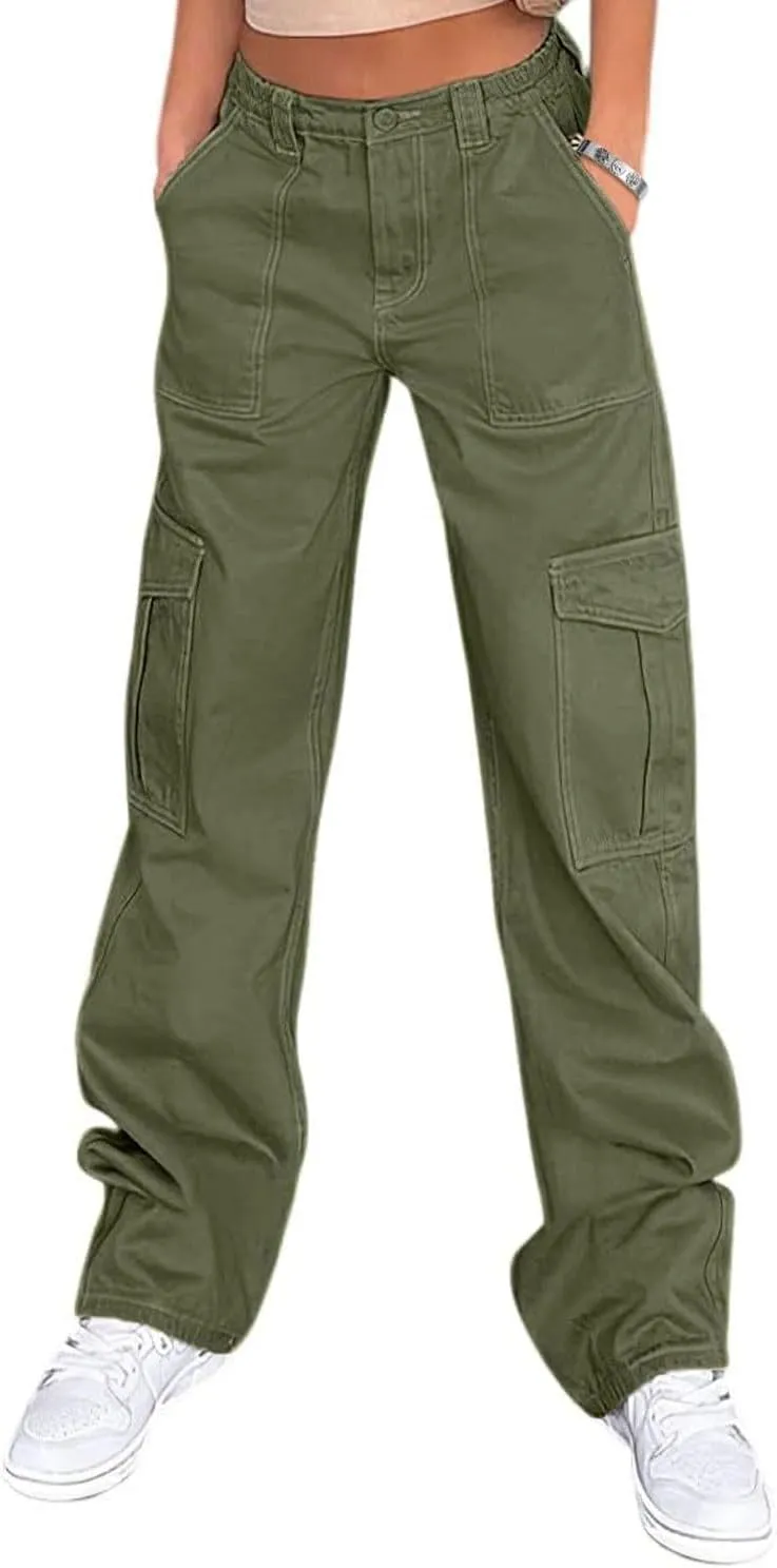Womens Girls High Waisted Cargo Pants Cotton Wide Leg Casual Pant Combat Tactical Workwear Capris with 6 Pockets