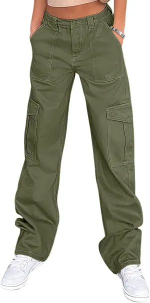 Womens Girls High Waisted Cargo Pants Cotton Wide Leg Casual Pant Combat Tactical Workwear Capris with 6 Pockets