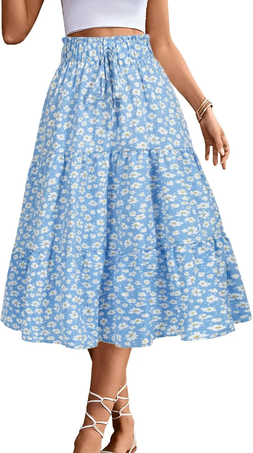 Women's High Elastic Waist Midi Skirt Casual Summer Trendy Tie Front Flowy Ruffle Floral Print A line Skirts 626