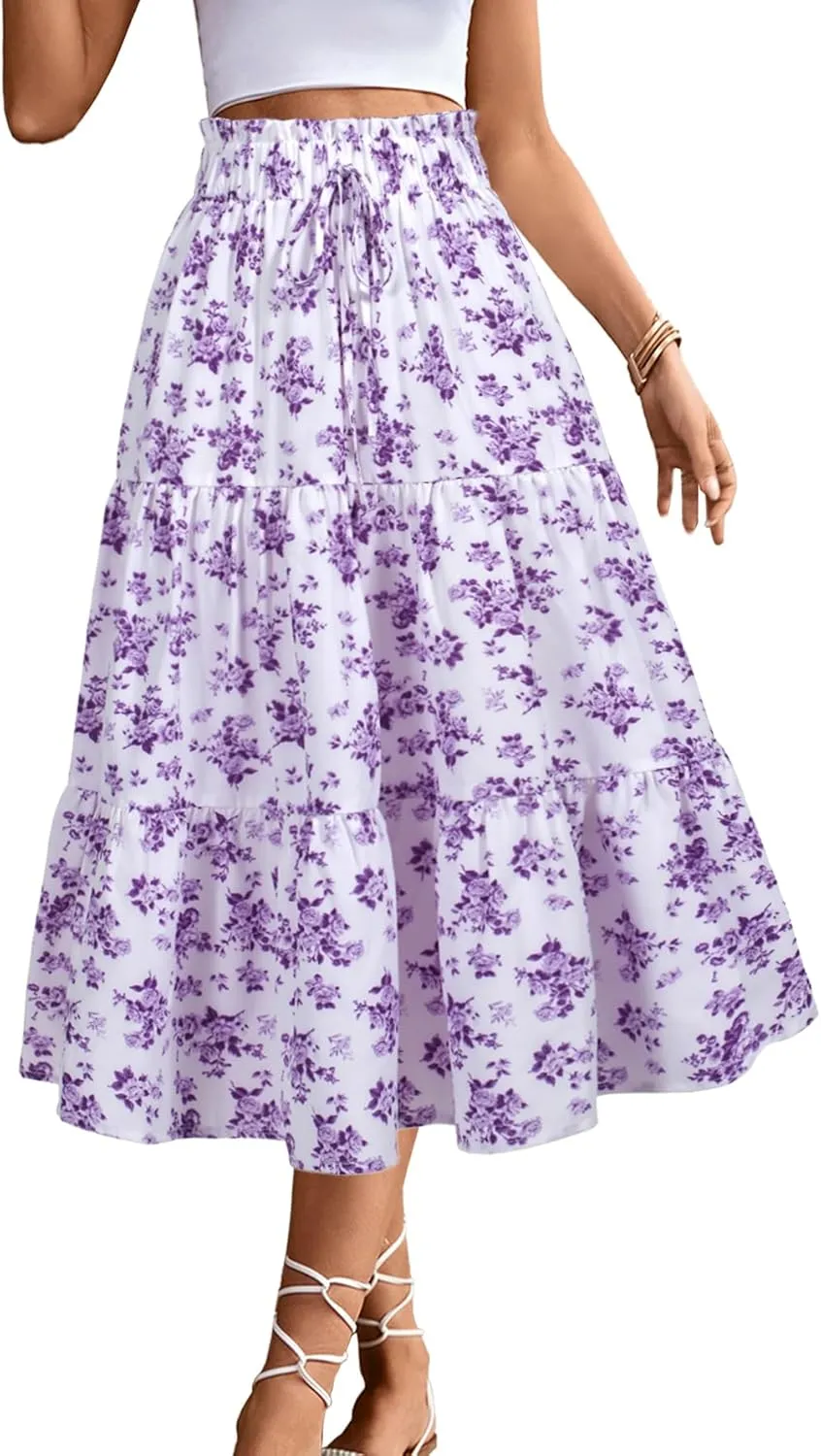 Women's High Elastic Waist Midi Skirt Casual Summer Trendy Tie Front Flowy Ruffle Floral Print A line Skirts 626