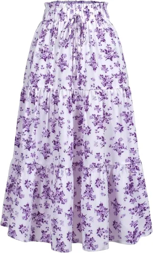 Women's High Elastic Waist Midi Skirt Casual Summer Trendy Tie Front Flowy Ruffle Floral Print A line Skirts 626