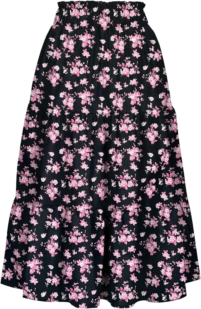 Women's High Elastic Waist Midi Skirt Casual Summer Trendy Tie Front Flowy Ruffle Floral Print A line Skirts 626
