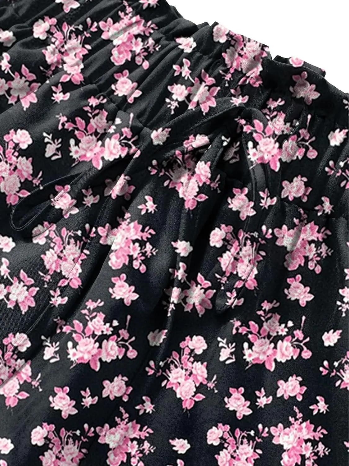 Women's High Elastic Waist Midi Skirt Casual Summer Trendy Tie Front Flowy Ruffle Floral Print A line Skirts 626