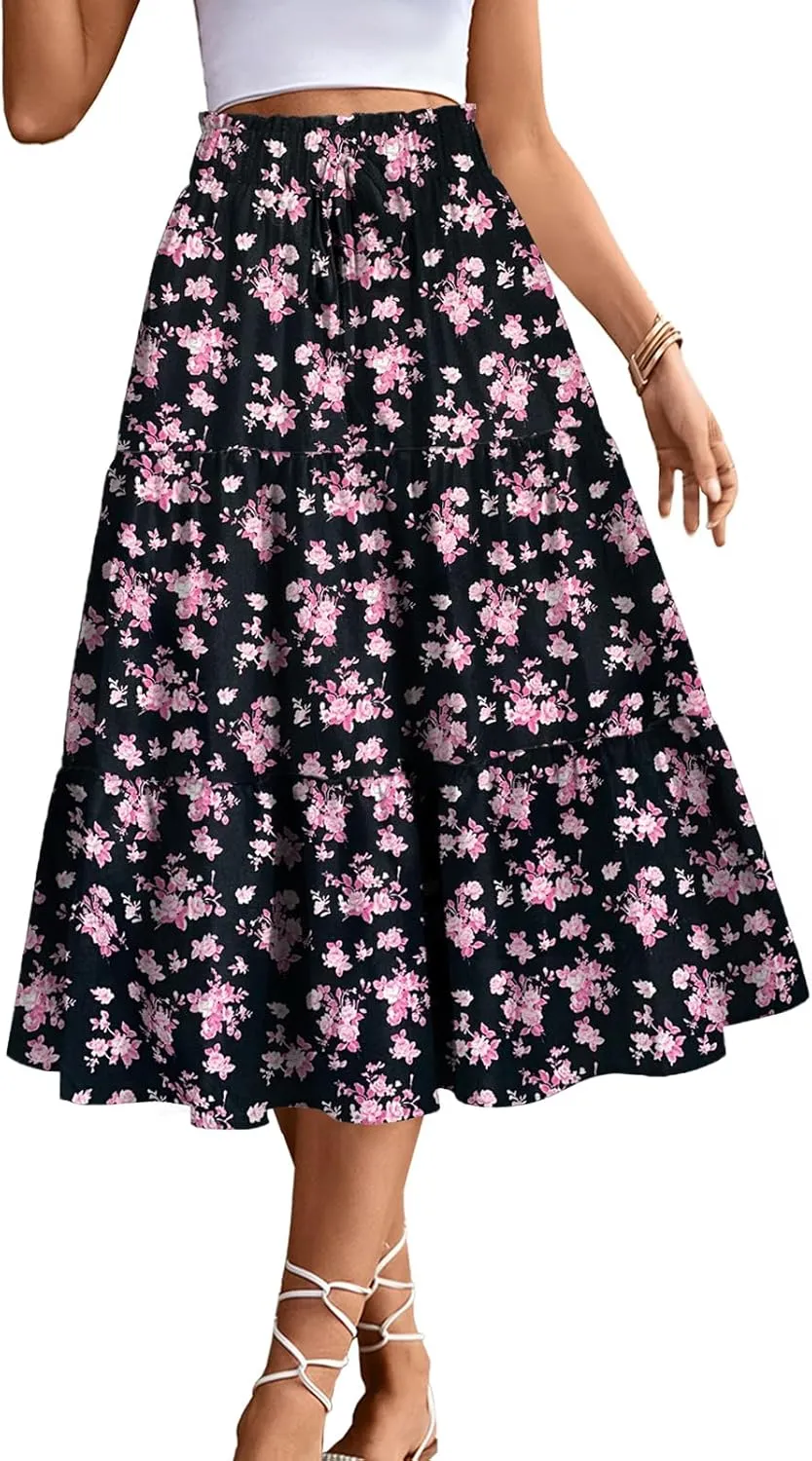 Women's High Elastic Waist Midi Skirt Casual Summer Trendy Tie Front Flowy Ruffle Floral Print A line Skirts 626