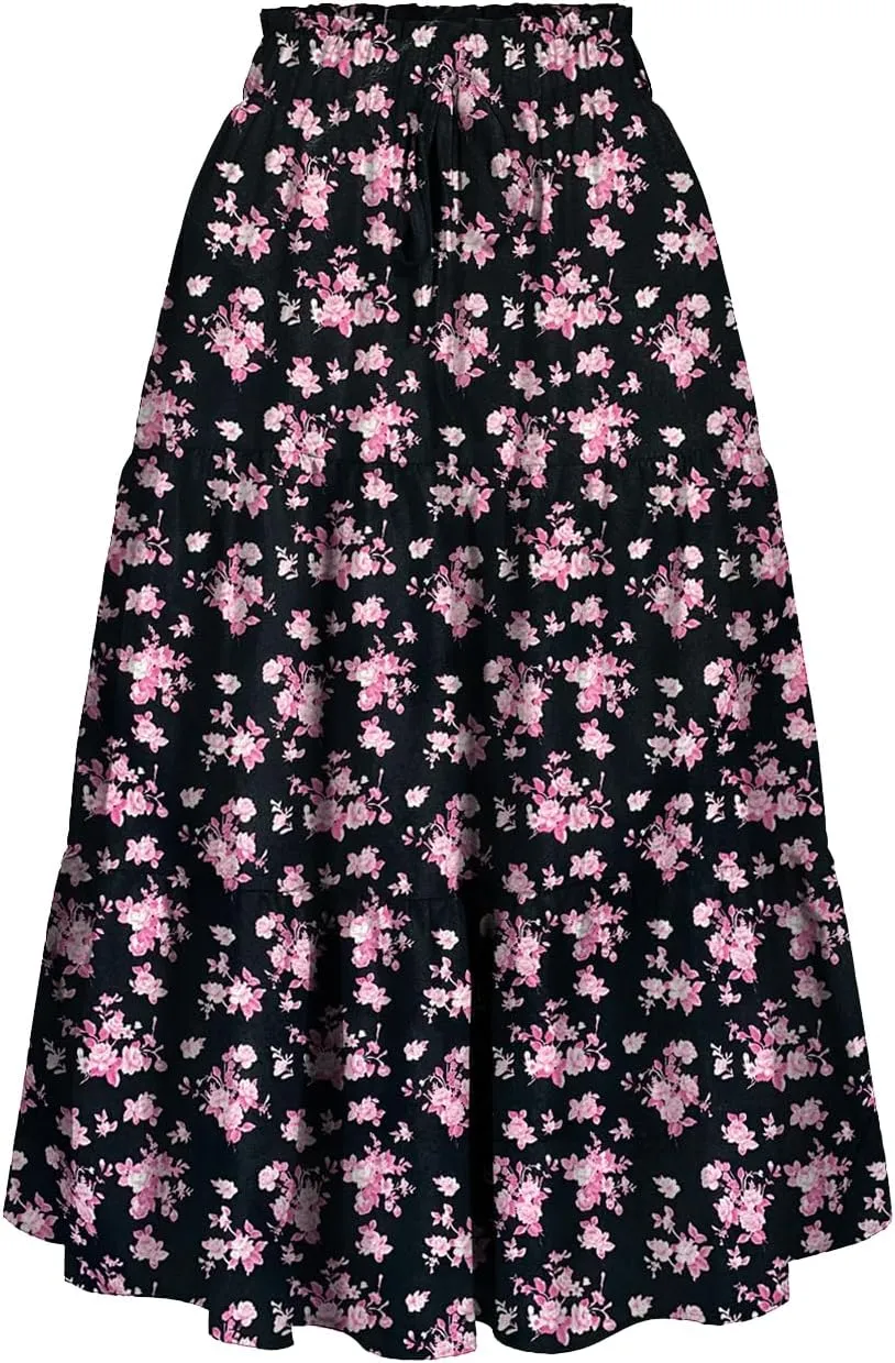 Women's High Elastic Waist Midi Skirt Casual Summer Trendy Tie Front Flowy Ruffle Floral Print A line Skirts 626
