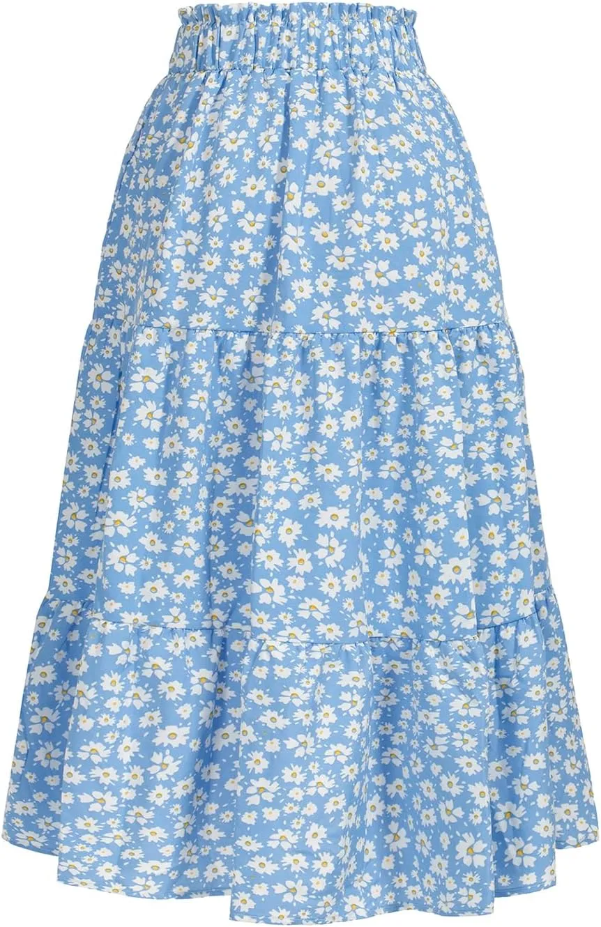 Women's High Elastic Waist Midi Skirt Casual Summer Trendy Tie Front Flowy Ruffle Floral Print A line Skirts 626