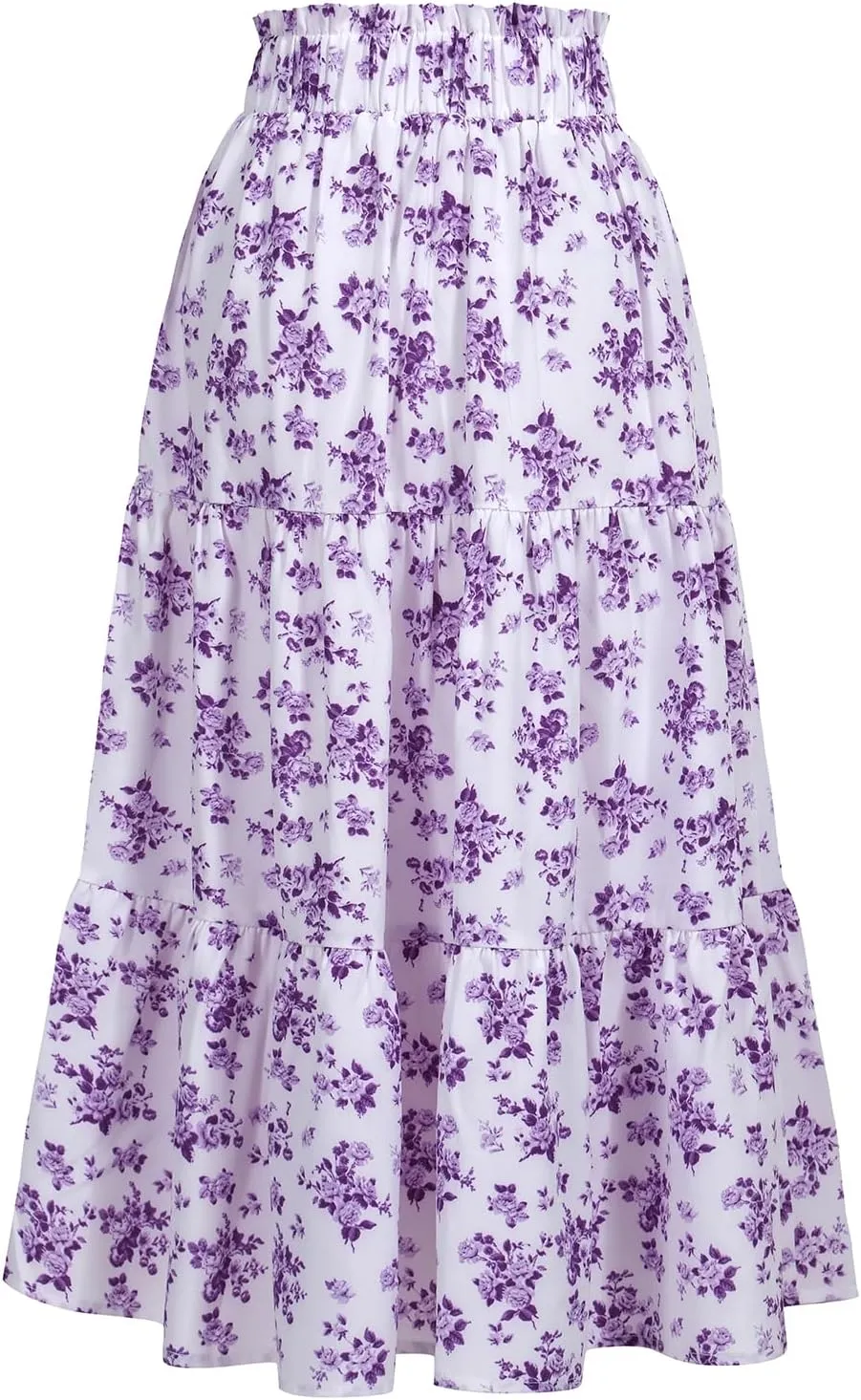 Women's High Elastic Waist Midi Skirt Casual Summer Trendy Tie Front Flowy Ruffle Floral Print A line Skirts 626