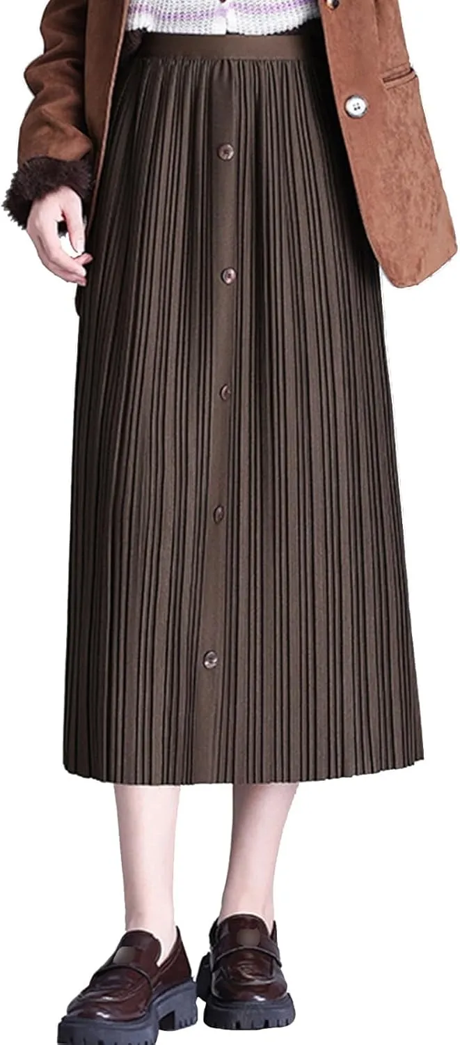 Womens High Waisted Midi Skirt Trendy Elastic Waist Pleated Skirts for Winter Fall