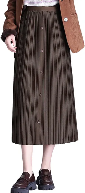 Womens High Waisted Midi Skirt Trendy Elastic Waist Pleated Skirts for Winter Fall