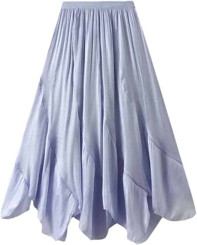 Womens Irregular A-Line Skirt Casual Midi Long High Waist Skirts Solid Elastic Waist Bohemian