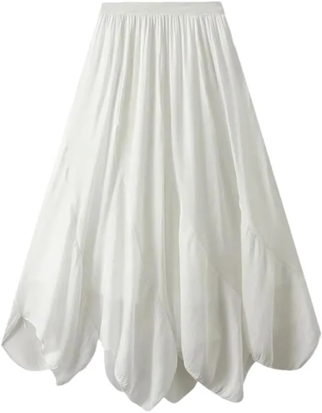 Womens Irregular A-Line Skirt Casual Midi Long High Waist Skirts Solid Elastic Waist Bohemian