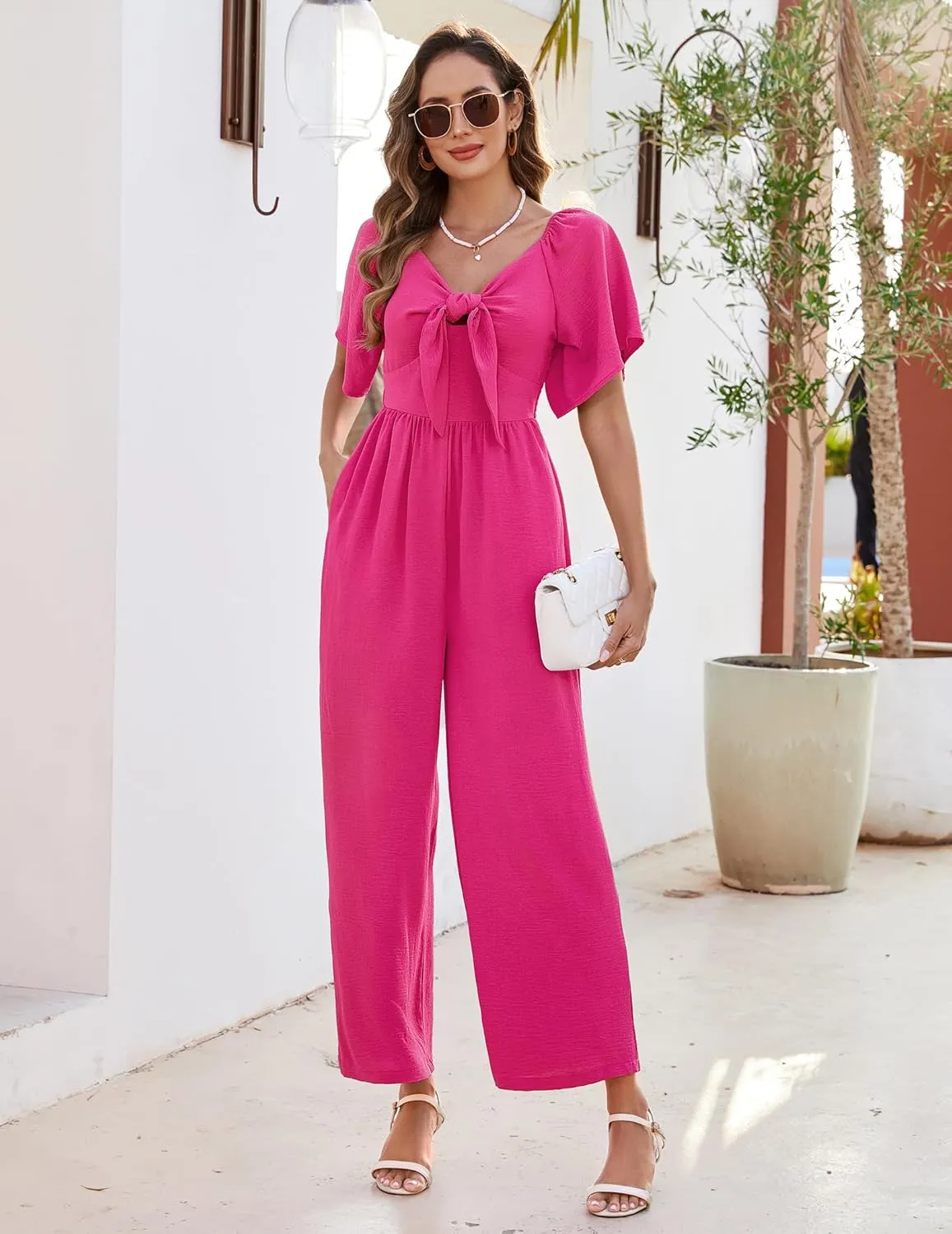 Womens Jumpsuits Dressy Casual Spring Summer Deep V Neck Elegant Bow tie Romper Ruffle Sleeve One Piece Outfits