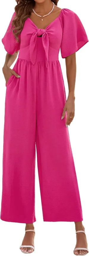 Womens Jumpsuits Dressy Casual Spring Summer Deep V Neck Elegant Bow tie Romper Ruffle Sleeve One Piece Outfits
