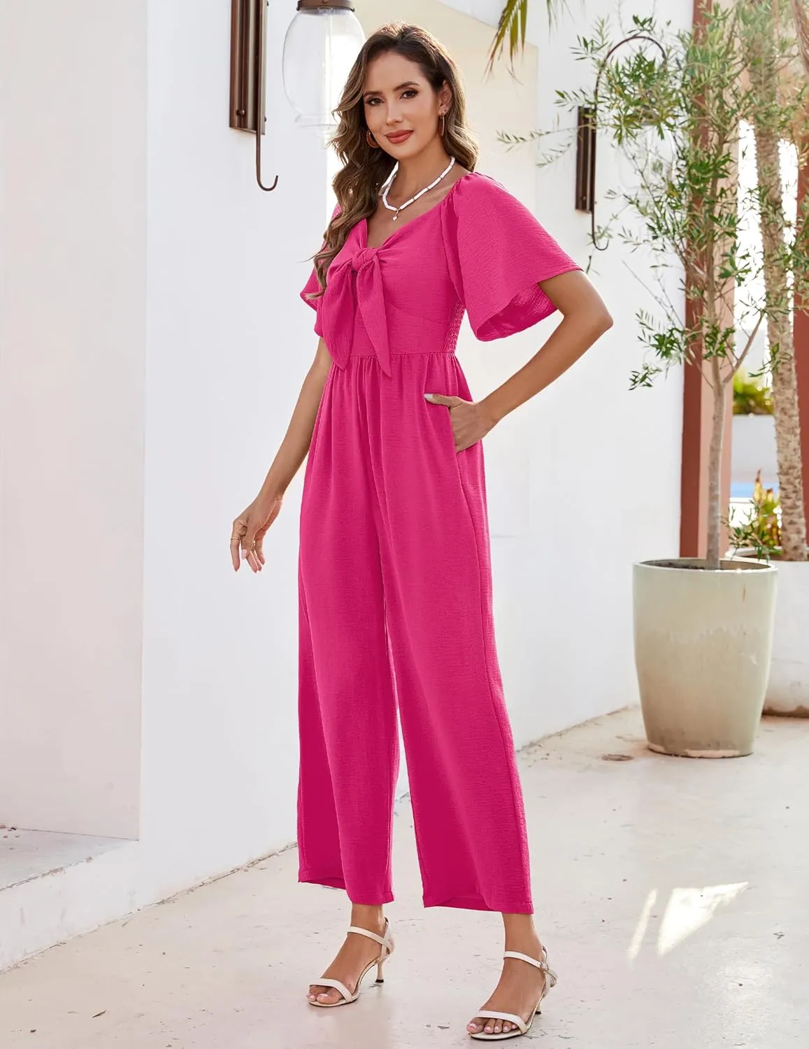 Womens Jumpsuits Dressy Casual Spring Summer Deep V Neck Elegant Bow tie Romper Ruffle Sleeve One Piece Outfits