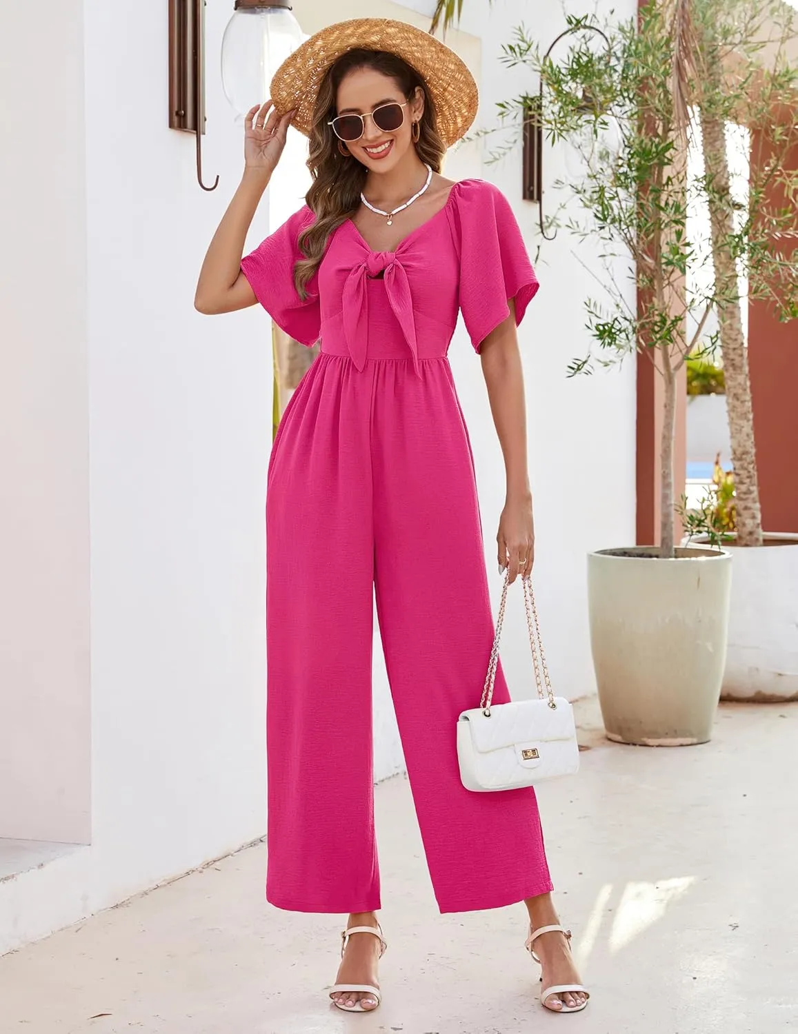 Womens Jumpsuits Dressy Casual Spring Summer Deep V Neck Elegant Bow tie Romper Ruffle Sleeve One Piece Outfits